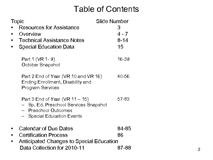 Table of Contents Topic • Resources for Assistance • Overview • Technical Assistance Notes