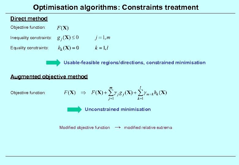 Optimisation algorithms: Constraints treatment Direct method Objective function: Inequality constraints: Equality constraints: Usable-feasible regions/directions,