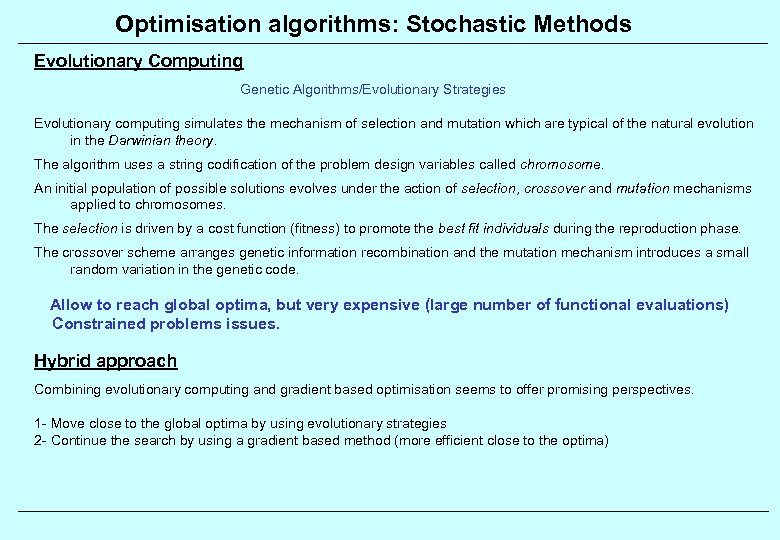 Optimisation algorithms: Stochastic Methods Evolutionary Computing Genetic Algorithms/Evolutionary Strategies Evolutionary computing simulates the mechanism
