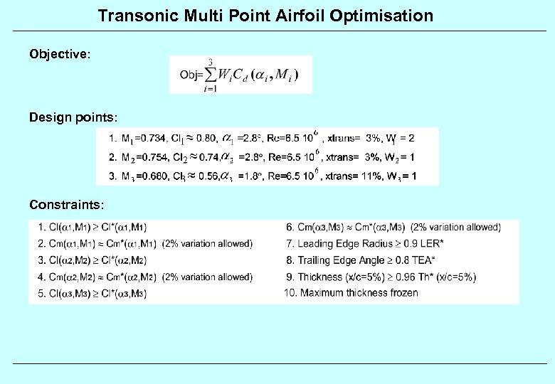 Transonic Multi Point Airfoil Optimisation Objective: Design points: Constraints: 