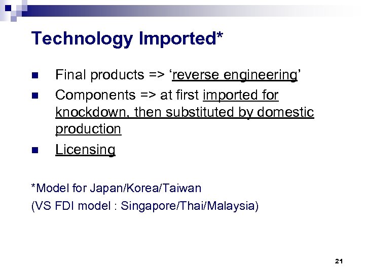 Technology Imported* n n n Final products => ‘reverse engineering’ Components => at first