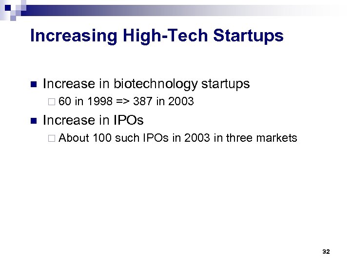 Increasing High-Tech Startups n Increase in biotechnology startups ¨ 60 n in 1998 =>