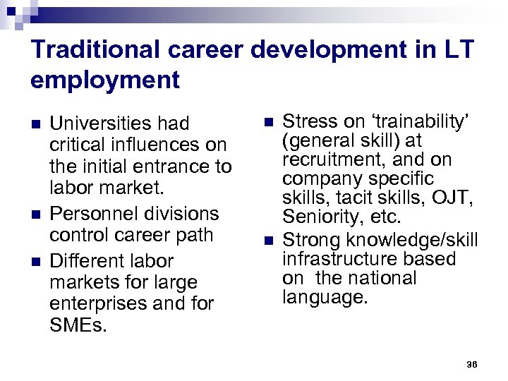 Traditional career development in LT employment n n n Universities had critical influences on