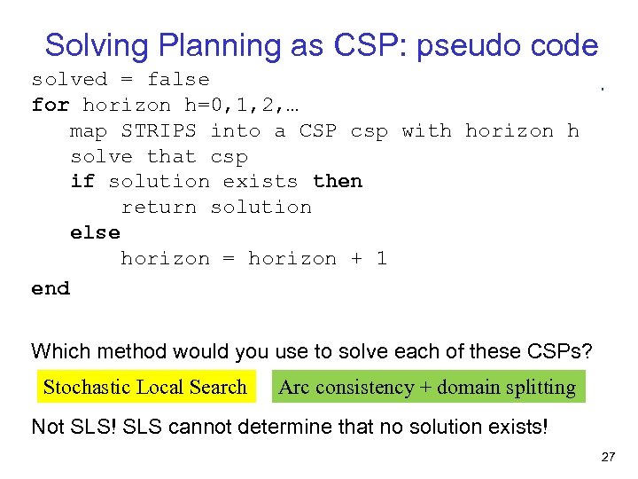 Solving Planning as CSP: pseudo code solved = false for horizon h=0, 1, 2,