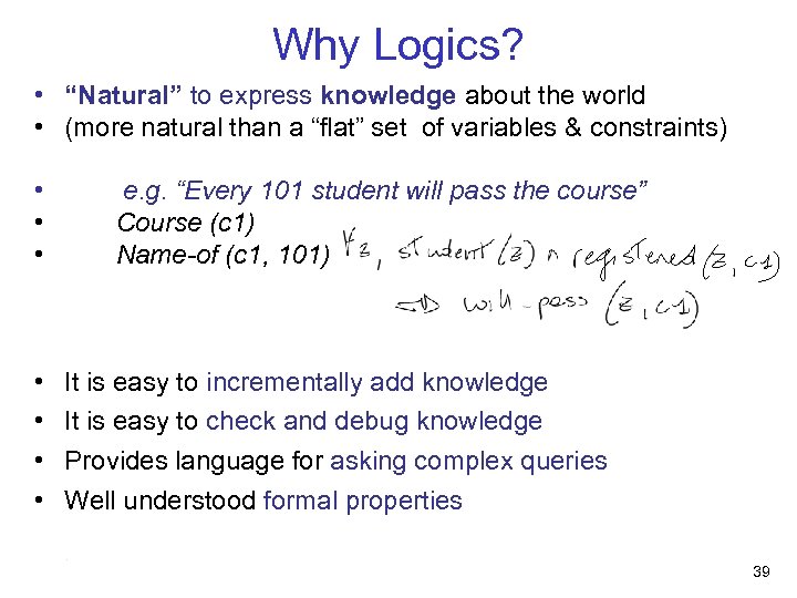 Why Logics? • “Natural” to express knowledge about the world • (more natural than