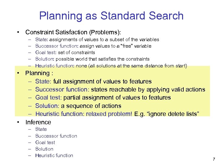Planning as Standard Search • Constraint Satisfaction (Problems): – – – State: assignments of