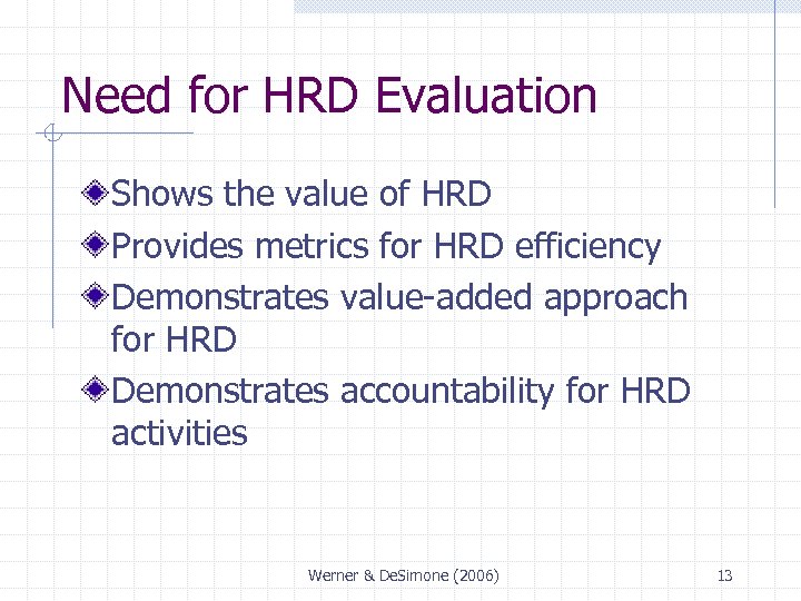 Need for HRD Evaluation Shows the value of HRD Provides metrics for HRD efficiency