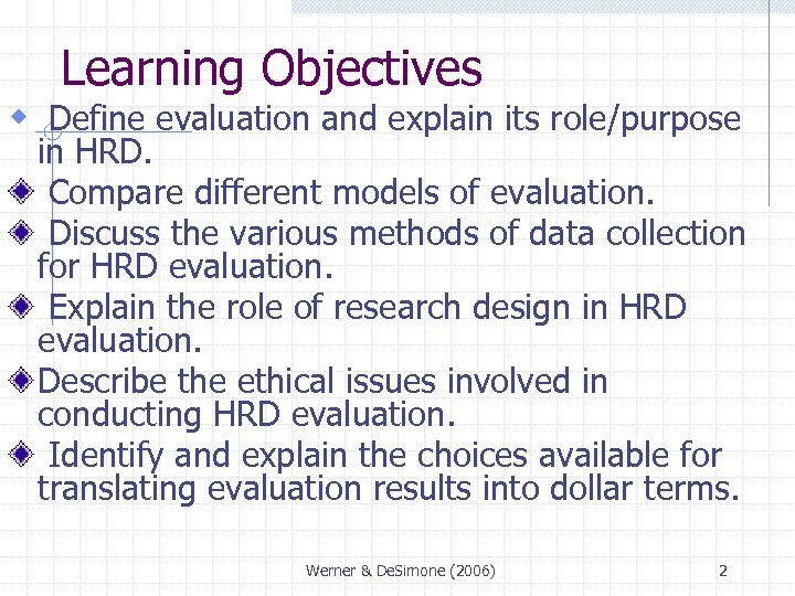 Learning Objectives w Define evaluation and explain its role/purpose in HRD. Compare different models