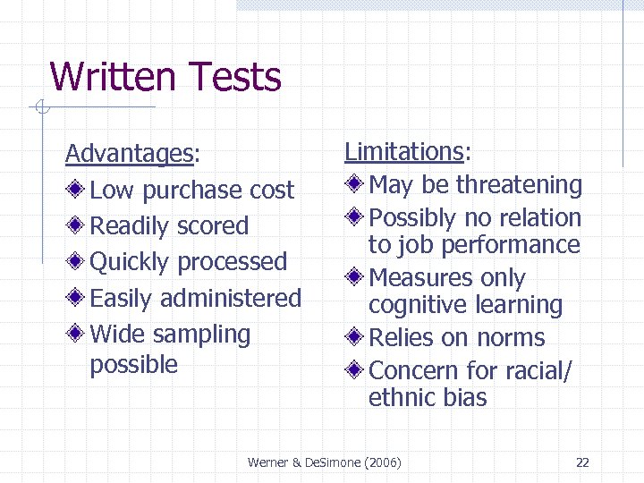 Written Tests Advantages: Low purchase cost Readily scored Quickly processed Easily administered Wide sampling