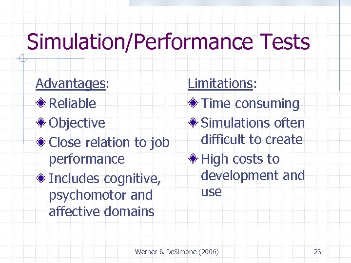 Simulation/Performance Tests Advantages: Reliable Objective Close relation to job performance Includes cognitive, psychomotor and