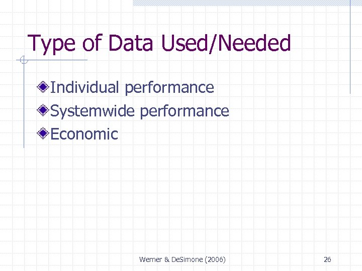 Type of Data Used/Needed Individual performance Systemwide performance Economic Werner & De. Simone (2006)