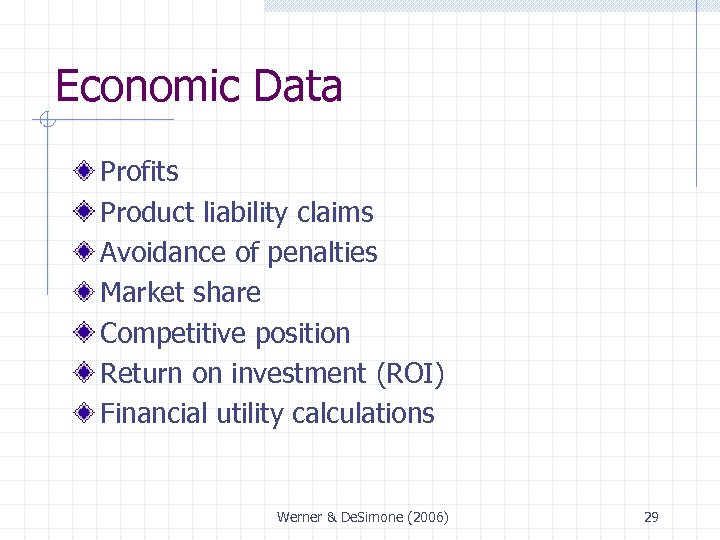 Economic Data Profits Product liability claims Avoidance of penalties Market share Competitive position Return