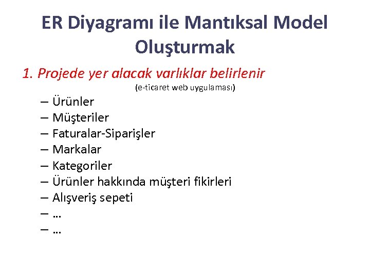 ER Diyagramı ile Mantıksal Model Oluşturmak 1. Projede yer alacak varlıklar belirlenir (e-ticaret web