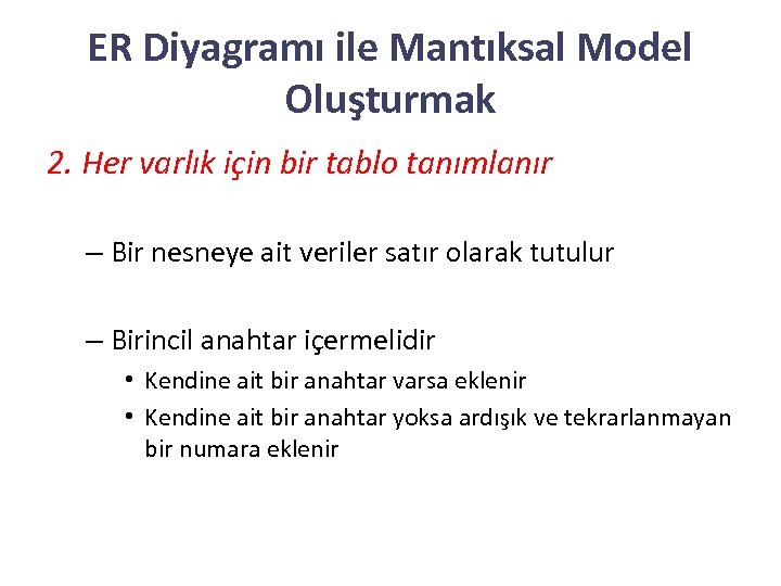 ER Diyagramı ile Mantıksal Model Oluşturmak 2. Her varlık için bir tablo tanımlanır –