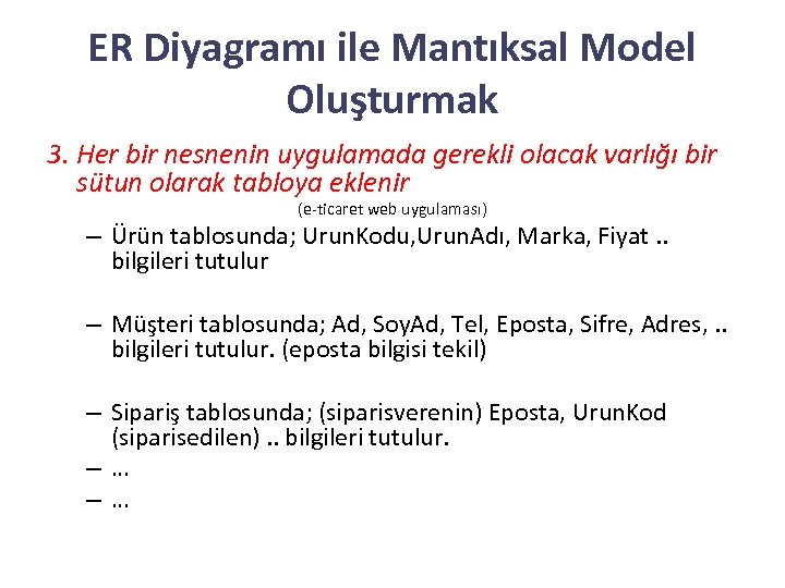 ER Diyagramı ile Mantıksal Model Oluşturmak 3. Her bir nesnenin uygulamada gerekli olacak varlığı