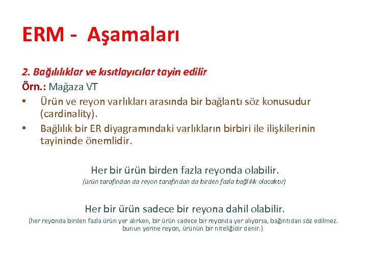 ERM - Aşamaları 2. Bağılılıklar ve kısıtlayıcılar tayin edilir Örn. : Mağaza VT •