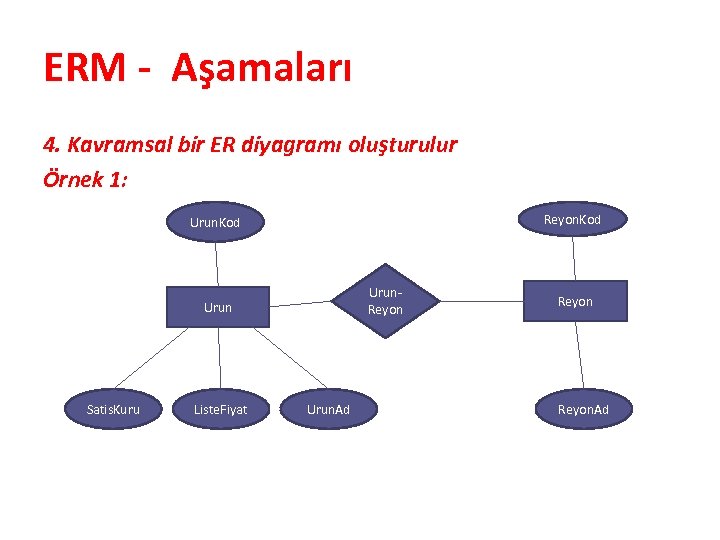 ERM - Aşamaları 4. Kavramsal bir ER diyagramı oluşturulur Örnek 1: Reyon. Kod Urun.