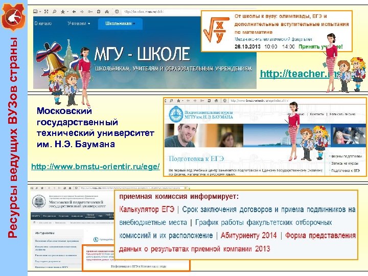 Ресурсы ведущих ВУЗов страны Московский государственный университет им. М. В. Ломоносова http: //teacher. msu.