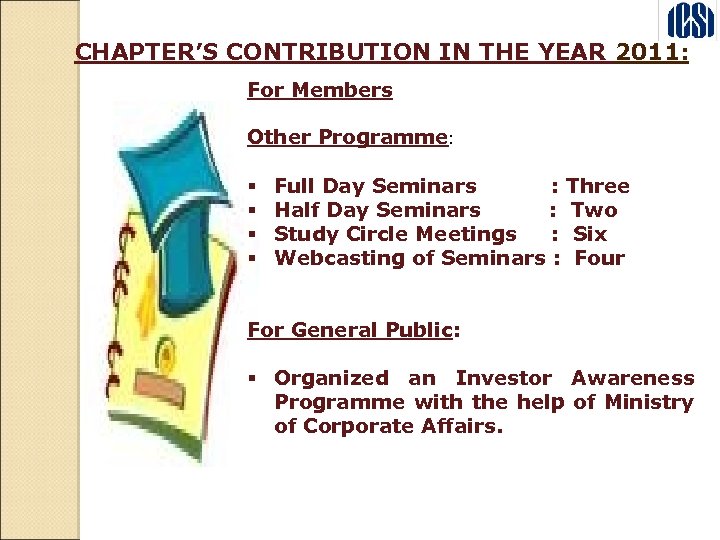 CHAPTER’S CONTRIBUTION IN THE YEAR 2011: For Members Other Programme: § § Full Day