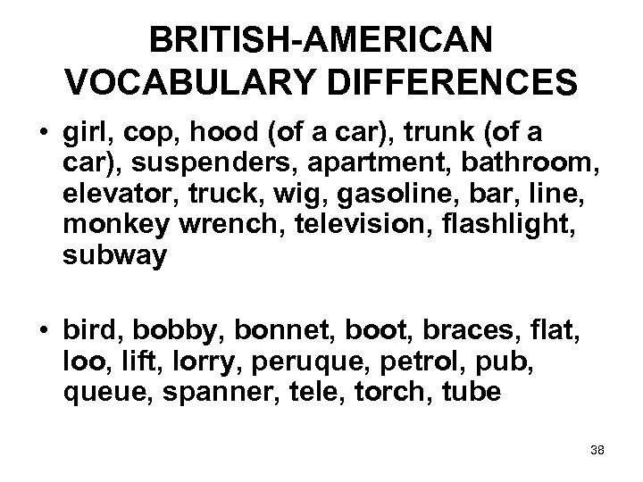BRITISH-AMERICAN VOCABULARY DIFFERENCES • girl, cop, hood (of a car), trunk (of a car),