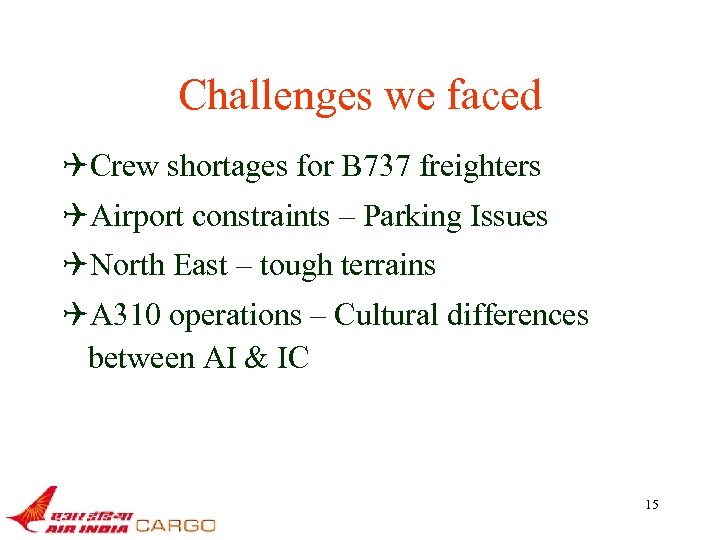 Challenges we faced QCrew shortages for B 737 freighters QAirport constraints – Parking Issues