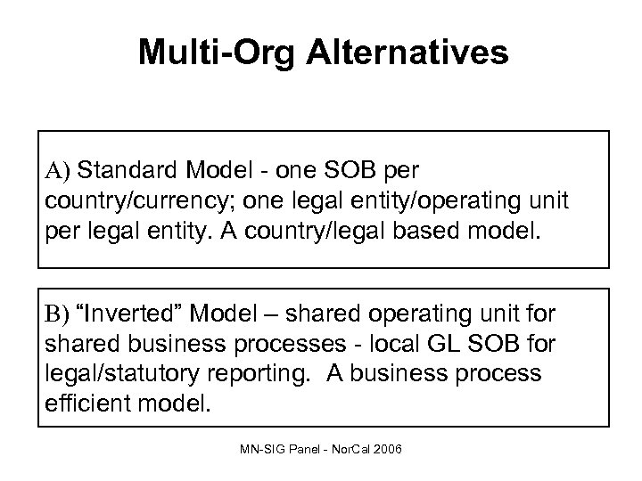 Multi-Org Alternatives A) Standard Model - one SOB per country/currency; one legal entity/operating unit