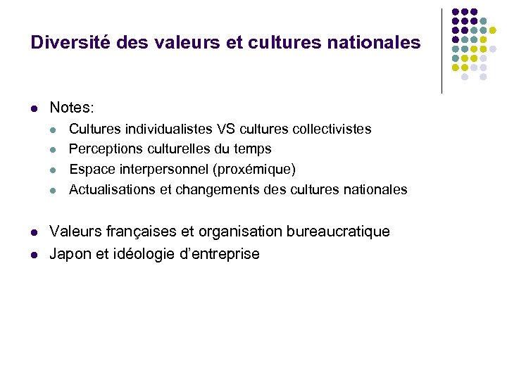 Diversité des valeurs et cultures nationales l Notes: l l l Cultures individualistes VS