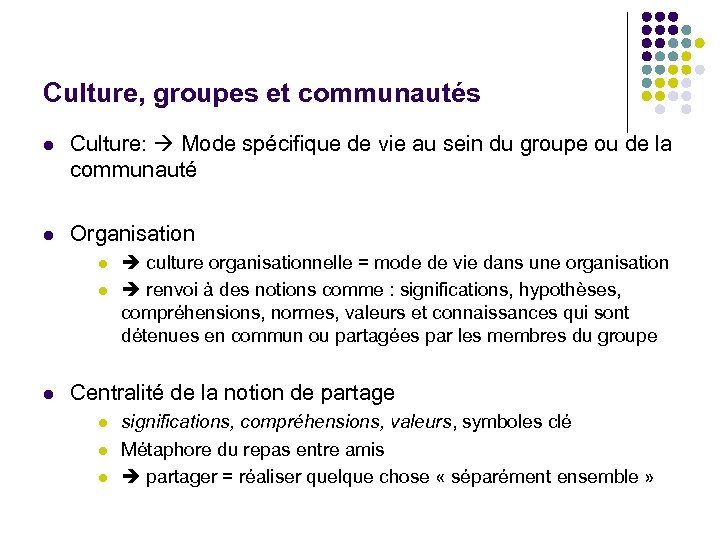 Culture, groupes et communautés l Culture: Mode spécifique de vie au sein du groupe