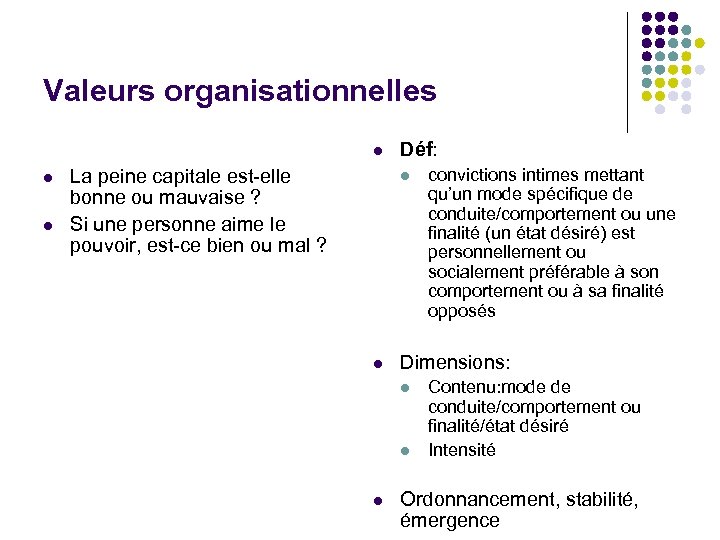 Valeurs organisationnelles l l l La peine capitale est-elle bonne ou mauvaise ? Si