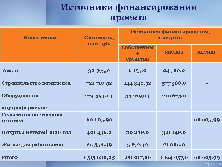 Источники финансирования проекта 10 класс