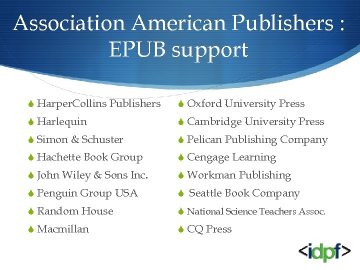 Association American Publishers : EPUB support S Harper. Collins Publishers S Oxford University Press