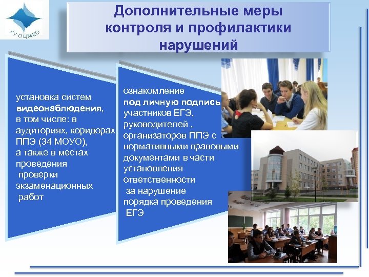 Дополнительные меры контроля и профилактики нарушений установка систем видеонаблюдения, в том числе: в аудиториях,
