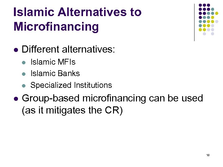 Islamic Alternatives to Microfinancing l Different alternatives: l l Islamic MFIs Islamic Banks Specialized