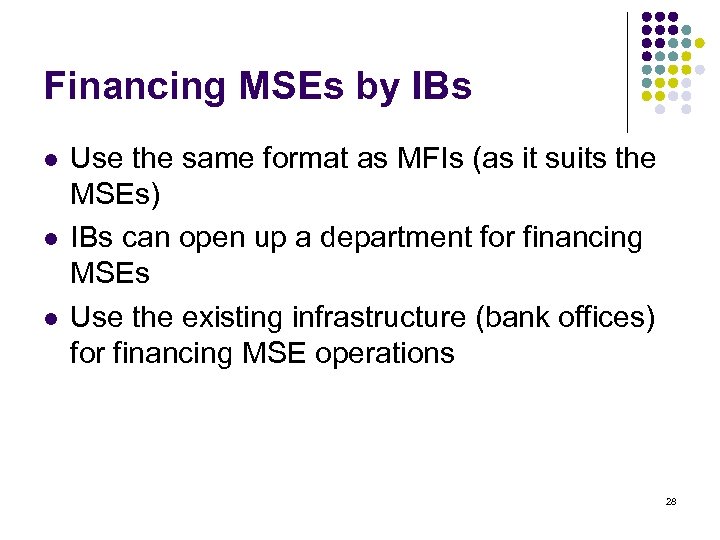 Financing MSEs by IBs l l l Use the same format as MFIs (as