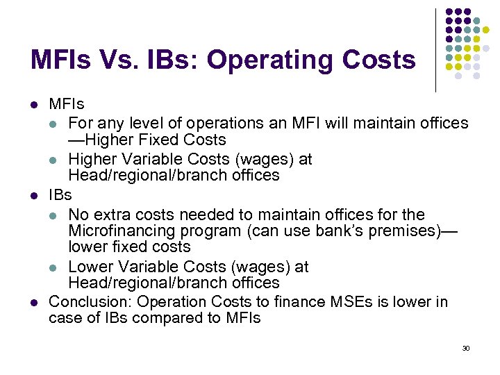 MFIs Vs. IBs: Operating Costs l l l MFIs l For any level of