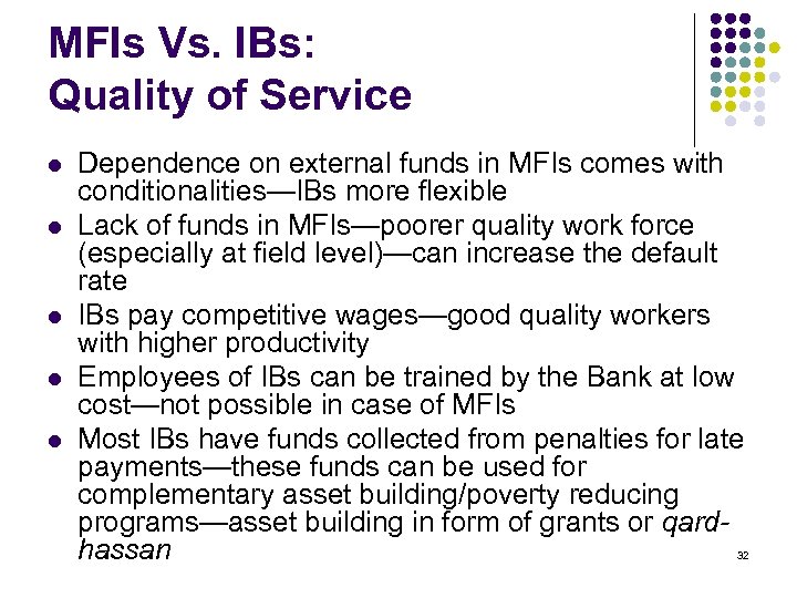 MFIs Vs. IBs: Quality of Service l l l Dependence on external funds in