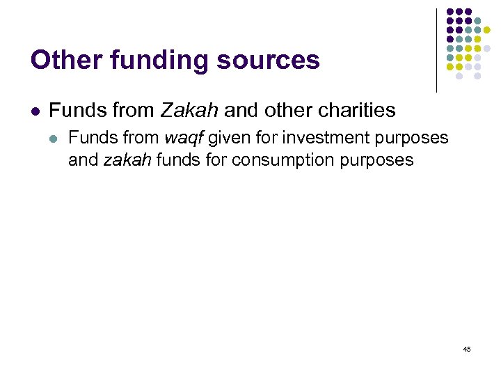 Other funding sources l Funds from Zakah and other charities l Funds from waqf