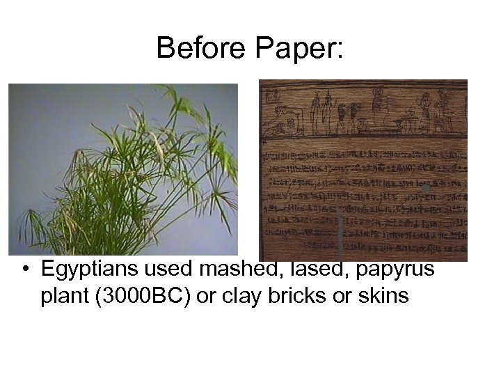 Before Paper: • Egyptians used mashed, lased, papyrus plant (3000 BC) or clay bricks