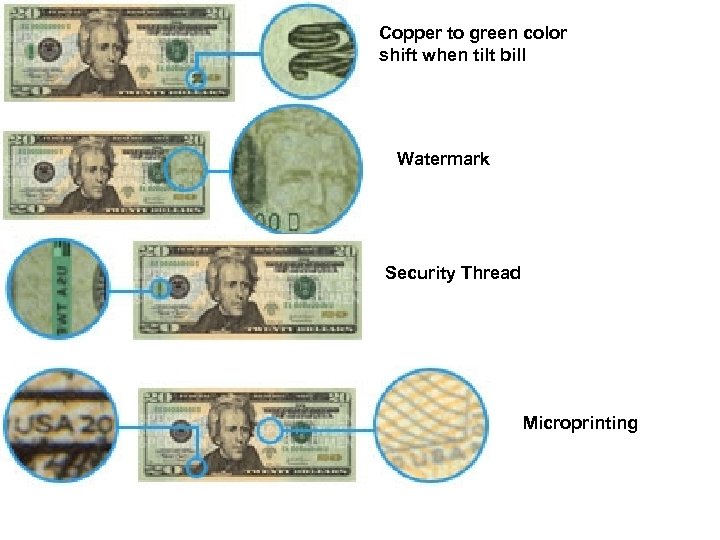 Copper to green color shift when tilt bill Watermark Security Thread Microprinting 
