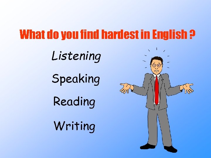 What do you find hardest in English ? Listening Speaking Reading Writing 