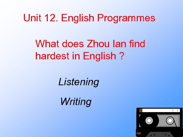 Unit 12. English Programmes What does Zhou lan find hardest in English ? Listening