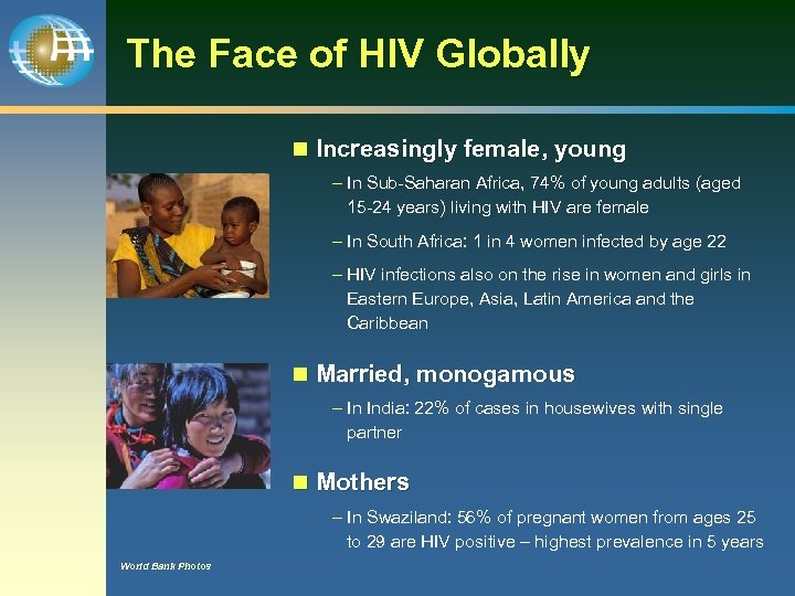 The Face of HIV Globally n Increasingly female, young – In Sub-Saharan Africa, 74%