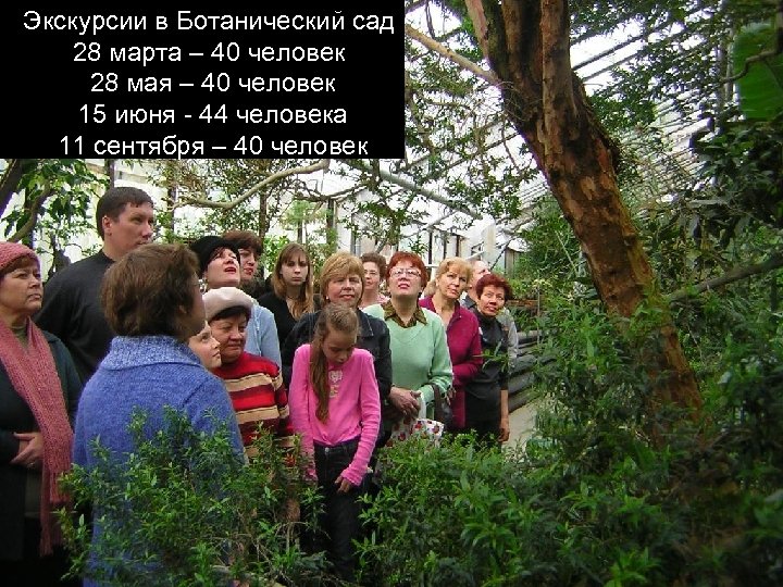 Экскурсии в Ботанический сад 28 марта – 40 человек 28 мая – 40 человек