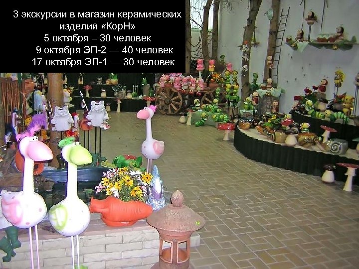 3 экскурсии в магазин керамических изделий «Кор. Н» 5 октября – 30 человек 9