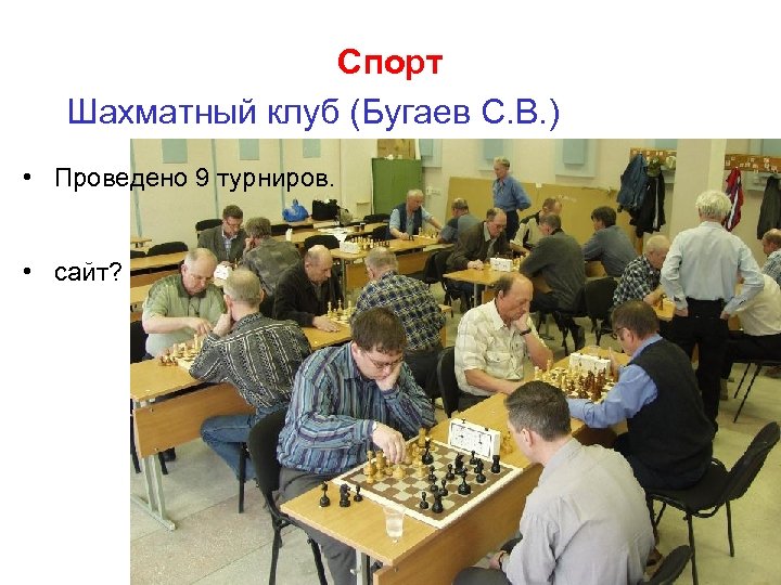 Спорт Шахматный клуб (Бугаев С. В. ) • Проведено 9 турниров. • сайт? 
