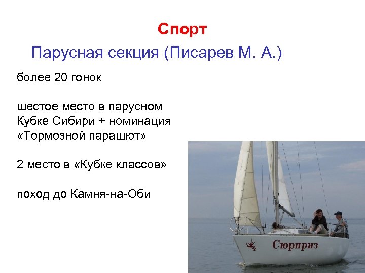 Спорт Парусная секция (Писарев М. А. ) более 20 гонок шестое место в парусном