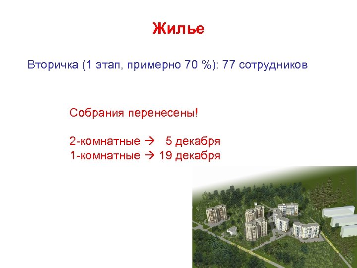Жилье Вторичка (1 этап, примерно 70 %): 77 сотрудников Собрания перенесены! 2 -комнатные 5