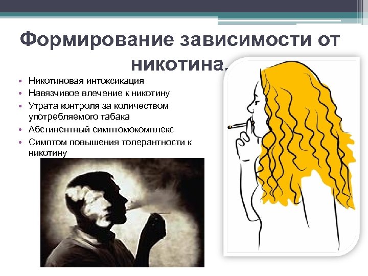 Формирование зависимости от никотина. • Никотиновая интоксикация • Навязчивое влечение к никотину • Утрата