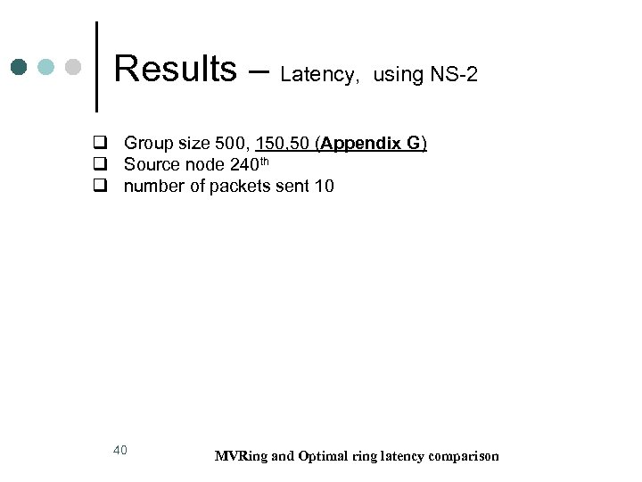 Results – Latency, using NS-2 q Group size 500, 150, 50 (Appendix G) q