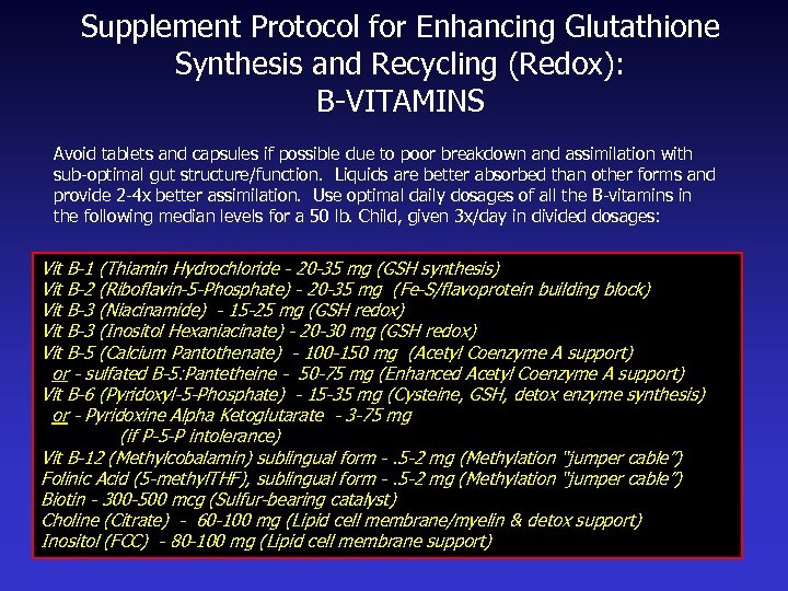 Supplement Protocol for Enhancing Glutathione Synthesis and Recycling (Redox): B-VITAMINS Avoid tablets and capsules